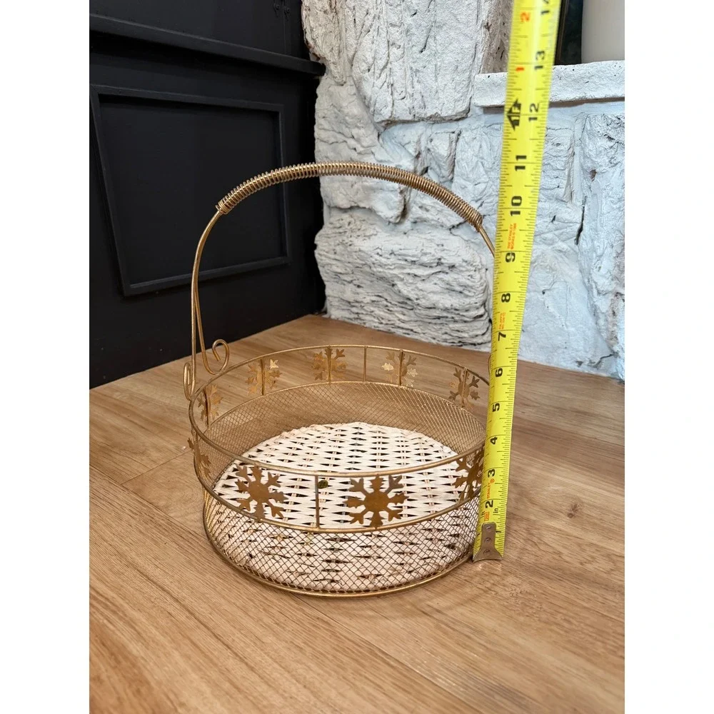 Vintage Gold Wire Snowflake Christmas Basket White Wicker Base Holiday Decor